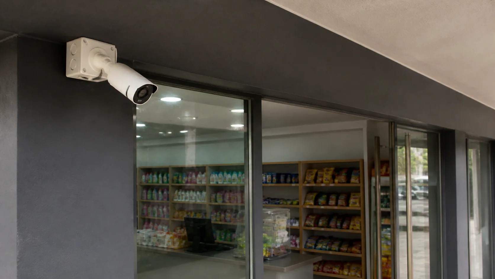 CCTV camera positioned to monitor a commercial shop entrance