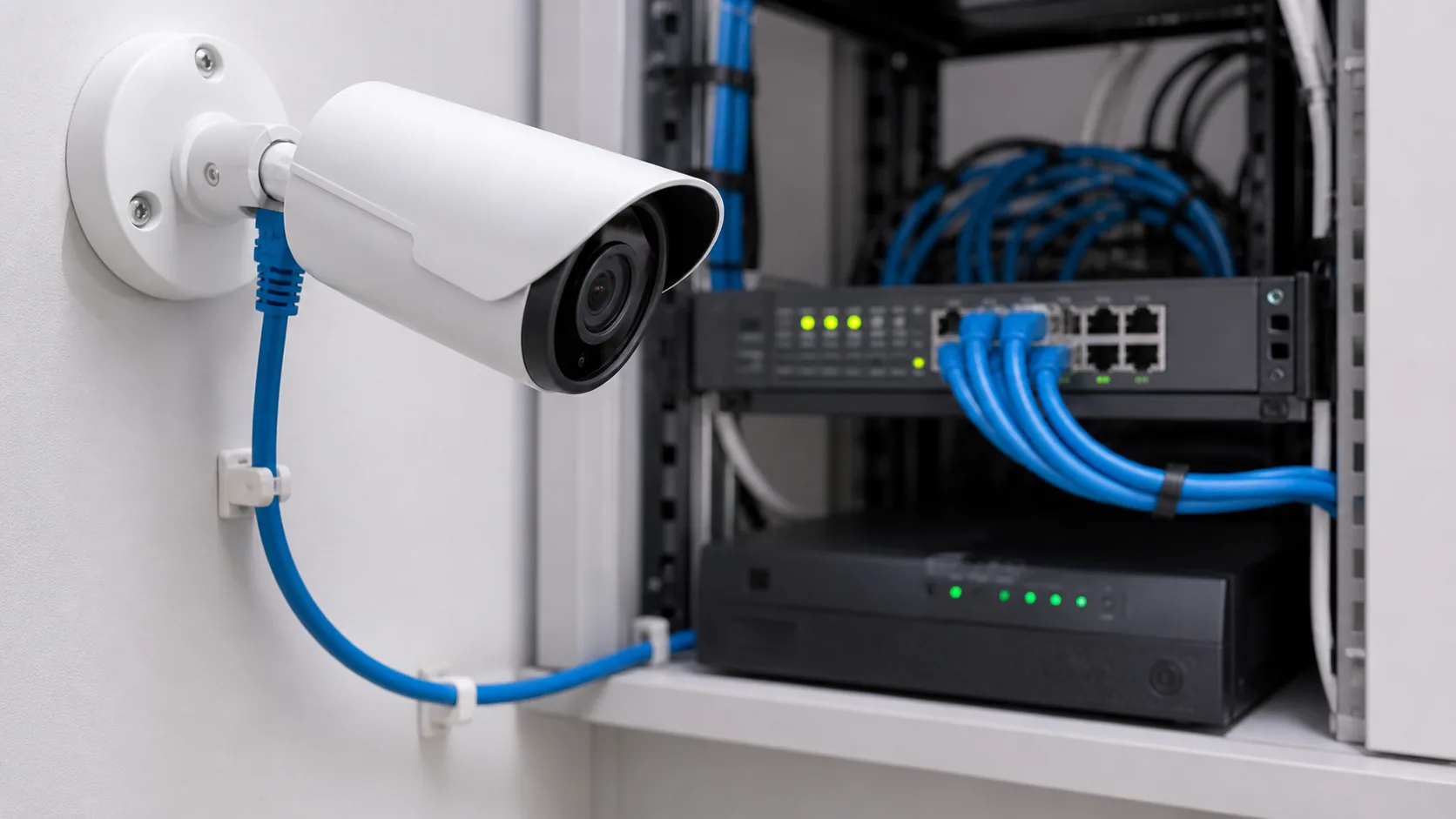 PoE CCTV camera connected through Ethernet network cabling